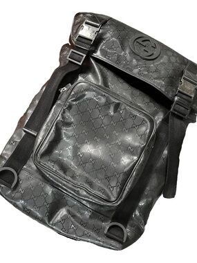 Gucci Black Monogram Backpack with Front Pocket